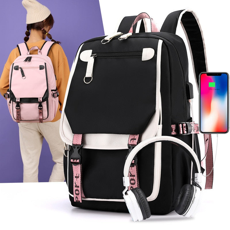 Schulrucksack aus Canvas mit USB-Anschluss, schwarz-rosafarbener Schulrucksack für Teenager