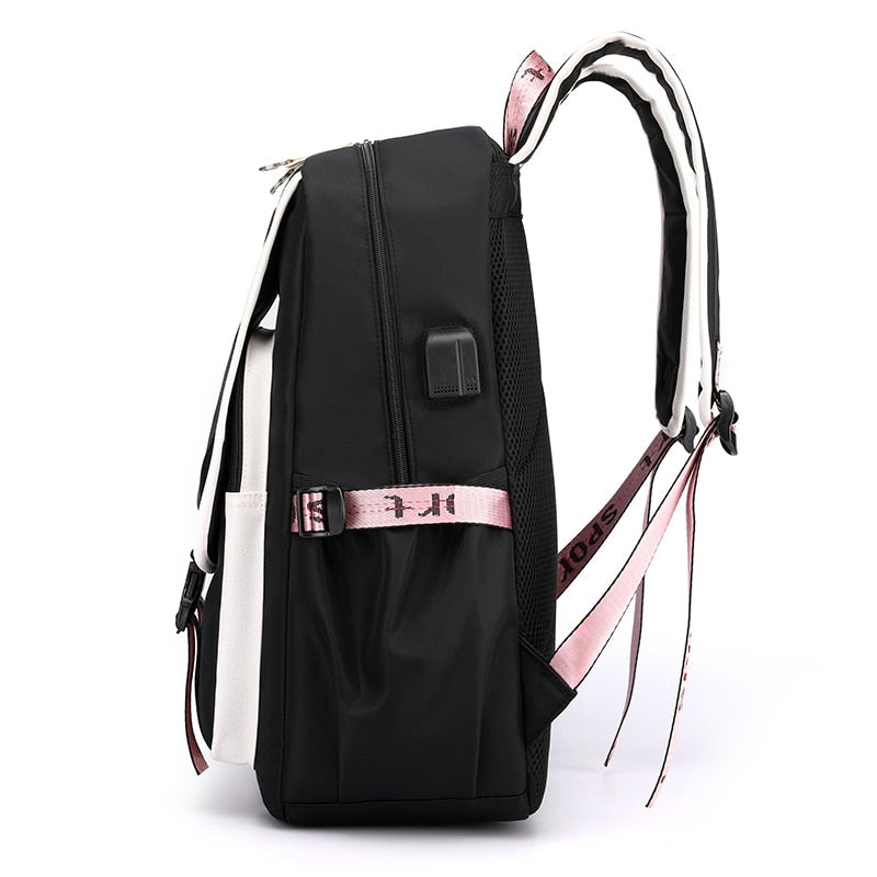 Cartable en toile port USB sac à dos scolaire ado noir rose