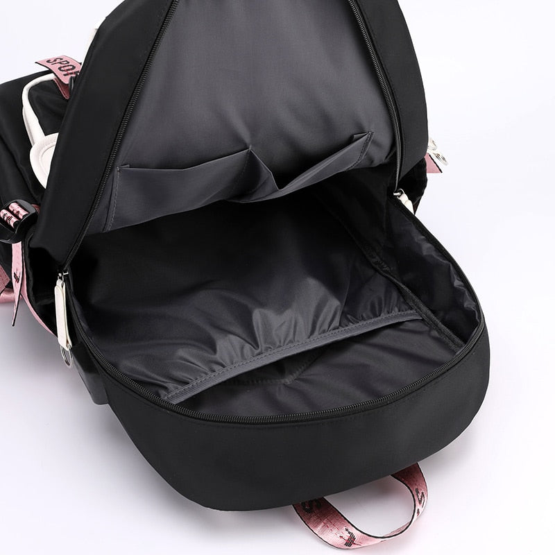 Cartable en toile port USB sac à dos scolaire ado noir rose