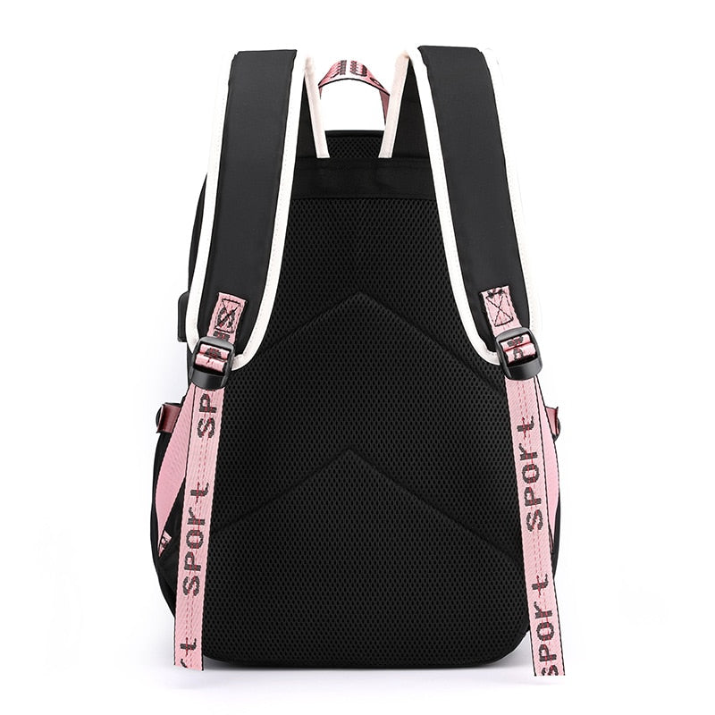 Cartable en toile port USB sac à dos scolaire ado noir rose