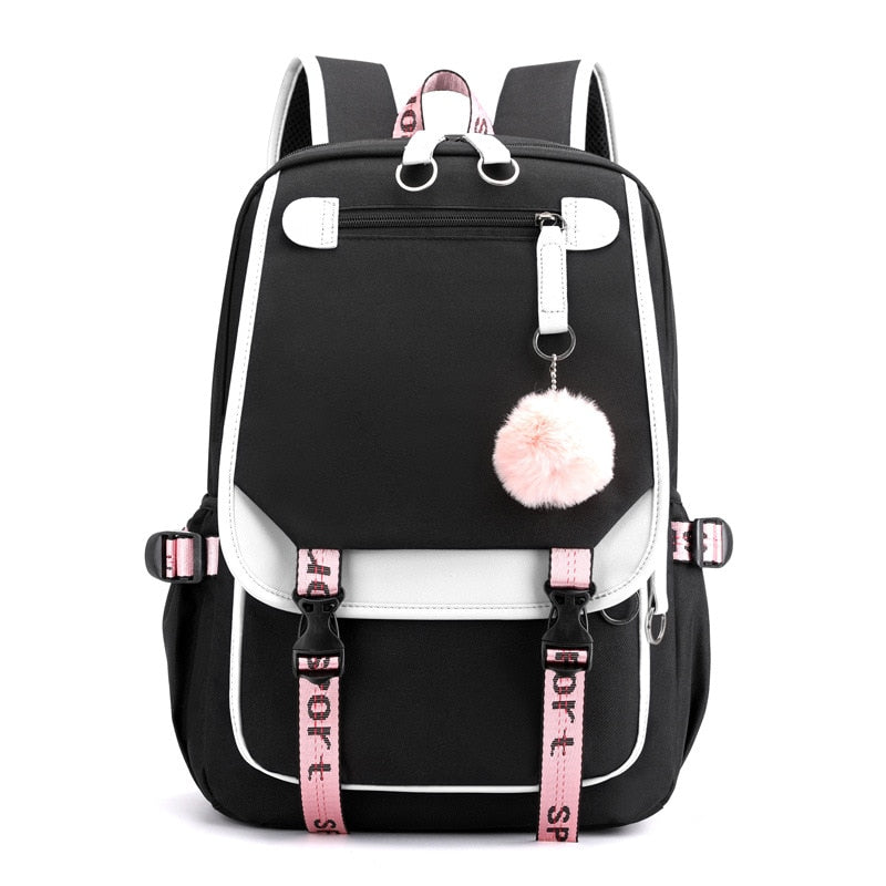 Cartable en toile port USB sac à dos scolaire ado noir rose