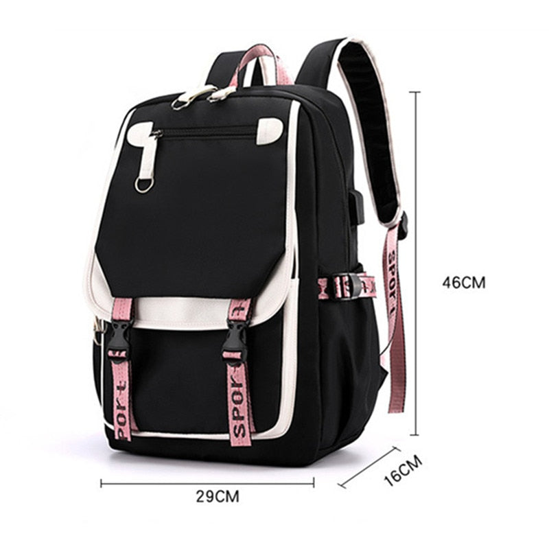 Cartable en toile port USB sac à dos scolaire ado noir rose