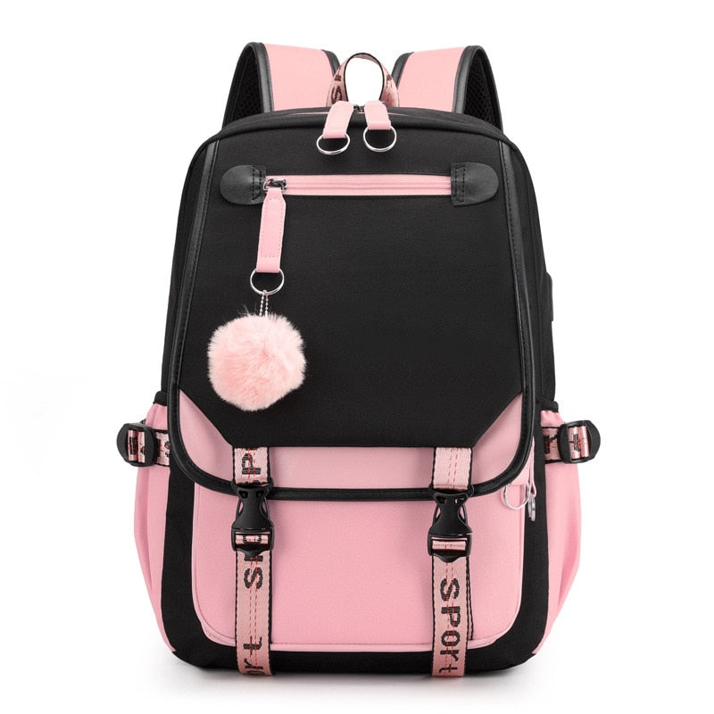 Cartable en toile port USB sac à dos scolaire ado noir rose