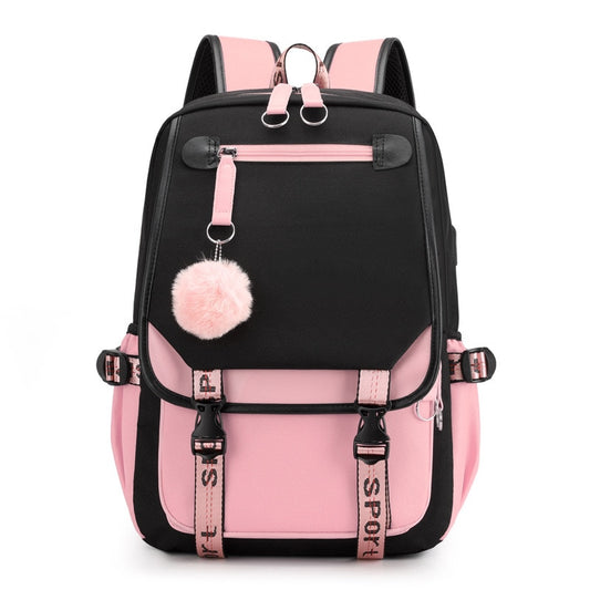 USB port canvas schoolbag  black pink teen school backpack